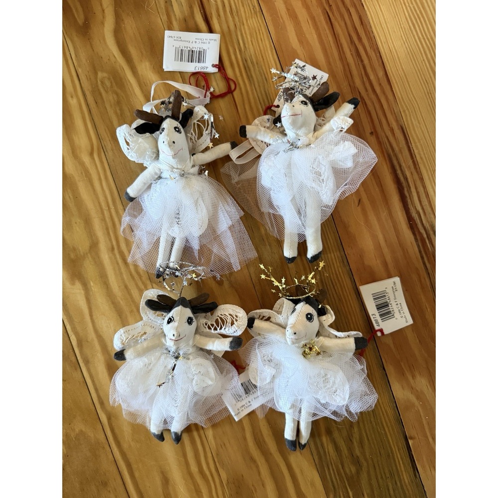Primitive Cloth Cow Christmas Ornament Black White‎ Angel Halo Lot of 4 farmcore